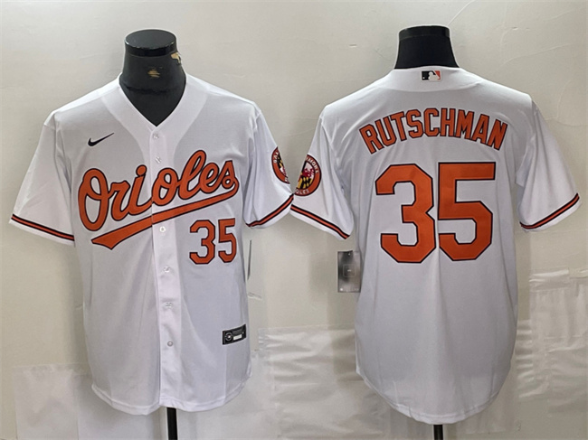 Men's Baltimore Orioles #35 Adley Rutschman White With Patch Cool Base Stitched Baseball Jersey